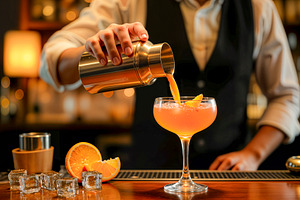 Bartender pouring orange cocktail, a Photo by rarrarorro