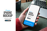 iPhone Mockup Hand Laptop Coffee, an iPhone Mockup by SimplDesign (Thumbnail 1 of 2)