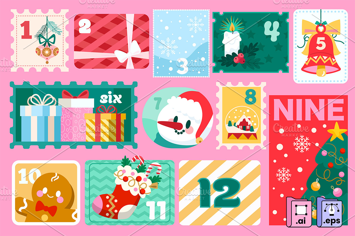 Christmas Advent Calendar Set 1-12, a Seasonal Illustration by MISS CHATZ