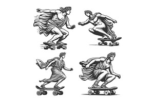 statues riding skateboards engraving, a Person Illustration by AlexArt