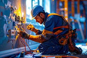 Young electrician installing electrical wiring and wall outlets, a Photo by DanFLCreativo