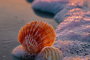 Seashells on the beach at sunset oce, a Photo by Pixeness Studio