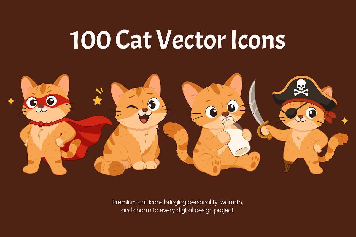 100 Cat Flat Vector Icons, an Emoji Icon by Creative Stall (Photo 1 of 11)