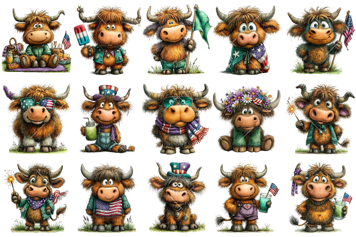 Patriotic Highland Cow Clipart, an Illustration by OK Design (Photo 3 of 6)