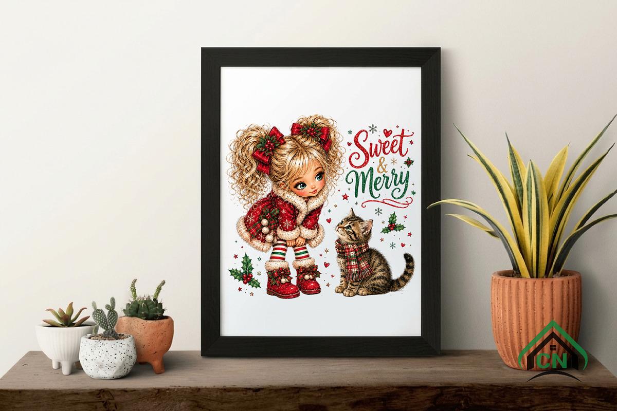 Christmas Girl & Cat Clipart PNG, a Seasonal Illustration by Craft Nest (Photo 4 of 6)