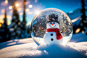 Snowman enclosed in a snow globe outside on snowy mountain, a Nature Photo by Davizro's Market
