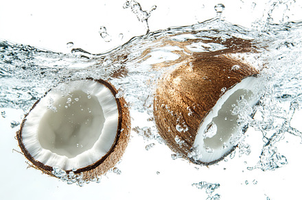 Coconut falling into water on white background, a Food & Drink Photo by AlyaAnd