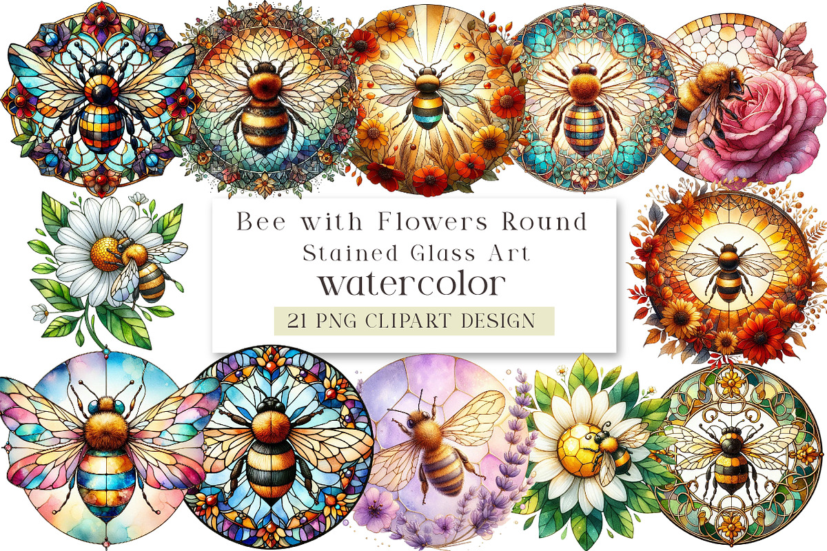 Bee with Flowers Round Stained Glass, an Illustration by DreamArtGraphic (Photo 1 of 4)
