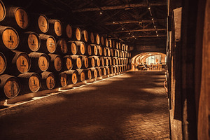 Old wooden barrel inside the winery