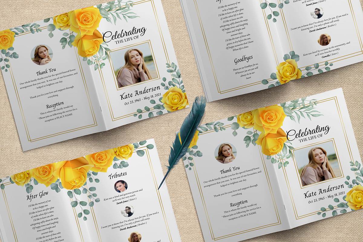 8 Page Yellow Rose Funeral Program, a Brochure Template by SmmrDesign (Photo 3 of 6)