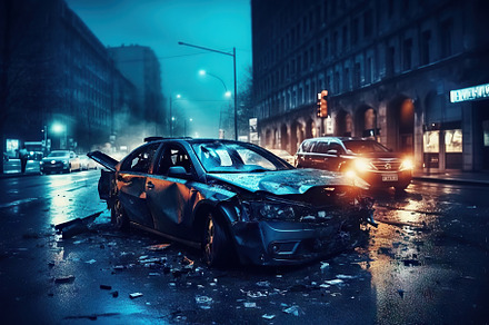 Car crash accident on street in city at night. Generative AI., a Transportation Photo by AS photostudio