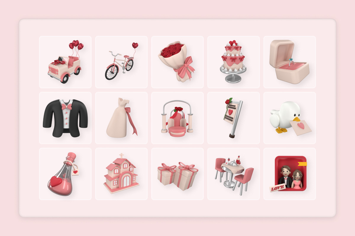 Romantic Wedding 3D Icons, a Work Illustration by twinstd (Photo 6 of 6)