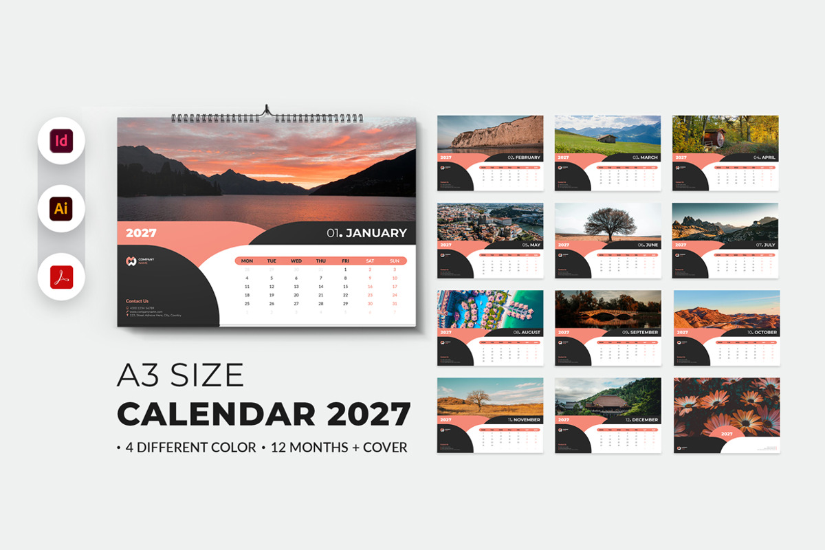 A3 Landscape Calendar 2027 Printable, a Stationery Template by MstArtwork (Photo 1 of 6)