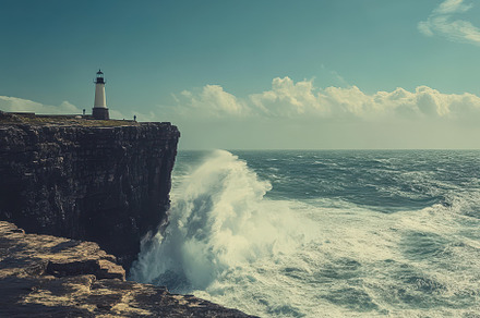 A lighthouse stands on a rugged clif, a Photo by Tanuart