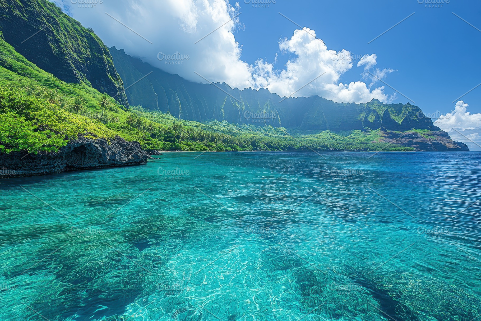 Vibrant turquoise waters meet lush g, a Photo by Tanuart