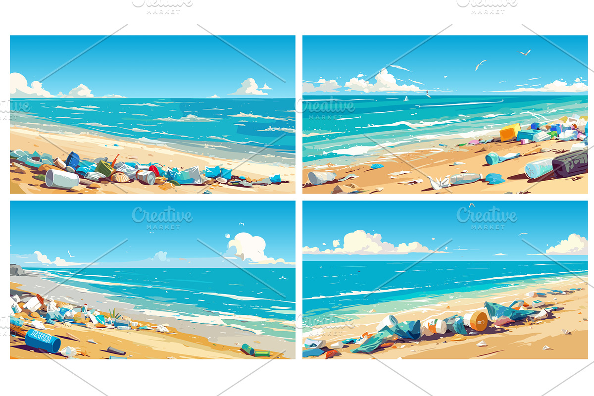 Littered beach. Cartoon ocean, an Illustration by Stock-Smart-Start