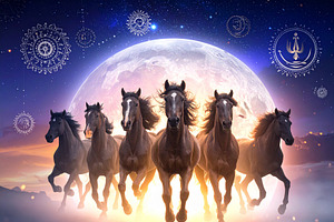 Seven horses galloping across the sky in cosmic celebration, a Person Illustration by DanFLCreativo