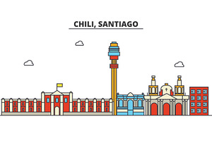 Chili, Santiago. City Skyline: Architecture, Buildings, Streets, Silhouette, Landscape, Panorama, Landmarks. Editable Strokes. Flat Design Line Vector