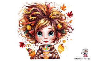 Funny Girl Fall Leaves Autumn PNG