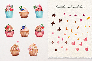 Cakes. Sweet Watercolor Clipart