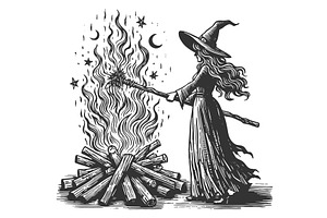 Witch Performing Ritual By Bonfire