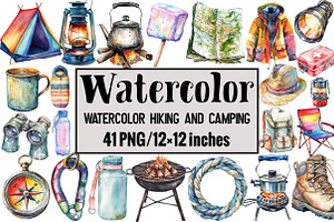 Watercolor Hiking and Camping, an Illustration by Design Market