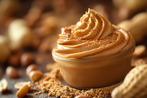 Creamy peanut butter in a glass jar, surrounded by peanuts and c, a Food & Drink Photo by ImageMir