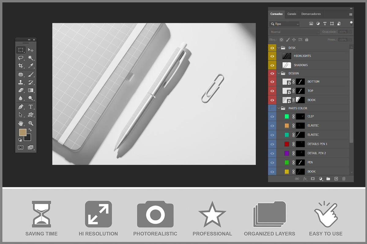 Pen Mockup Desk Composition PSD, a Pens & Pencil Mockup by Bruno's Shop (Photo 3 of 4)