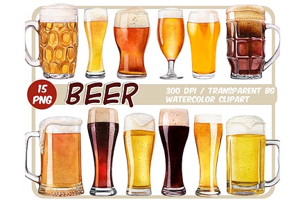 Watercolor beer clipart set, a Food Illustration by ArtfulStudio