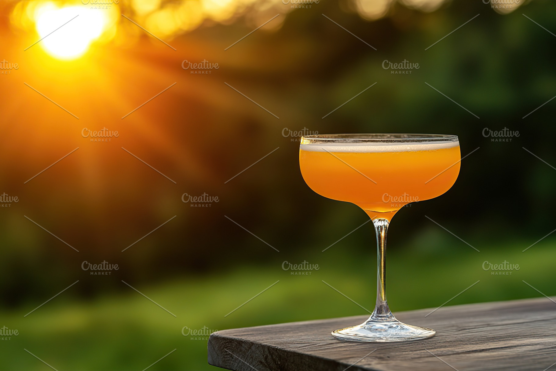 Beautifully crafted cocktail resting on a wooden table at sunset, a Food & Drink Photo by AlyaAnd