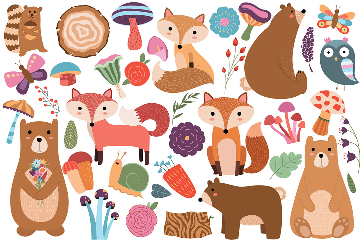 Woodland Animals/Floral Vector & PNG, an Animal Illustration by Kenna Sato Designs