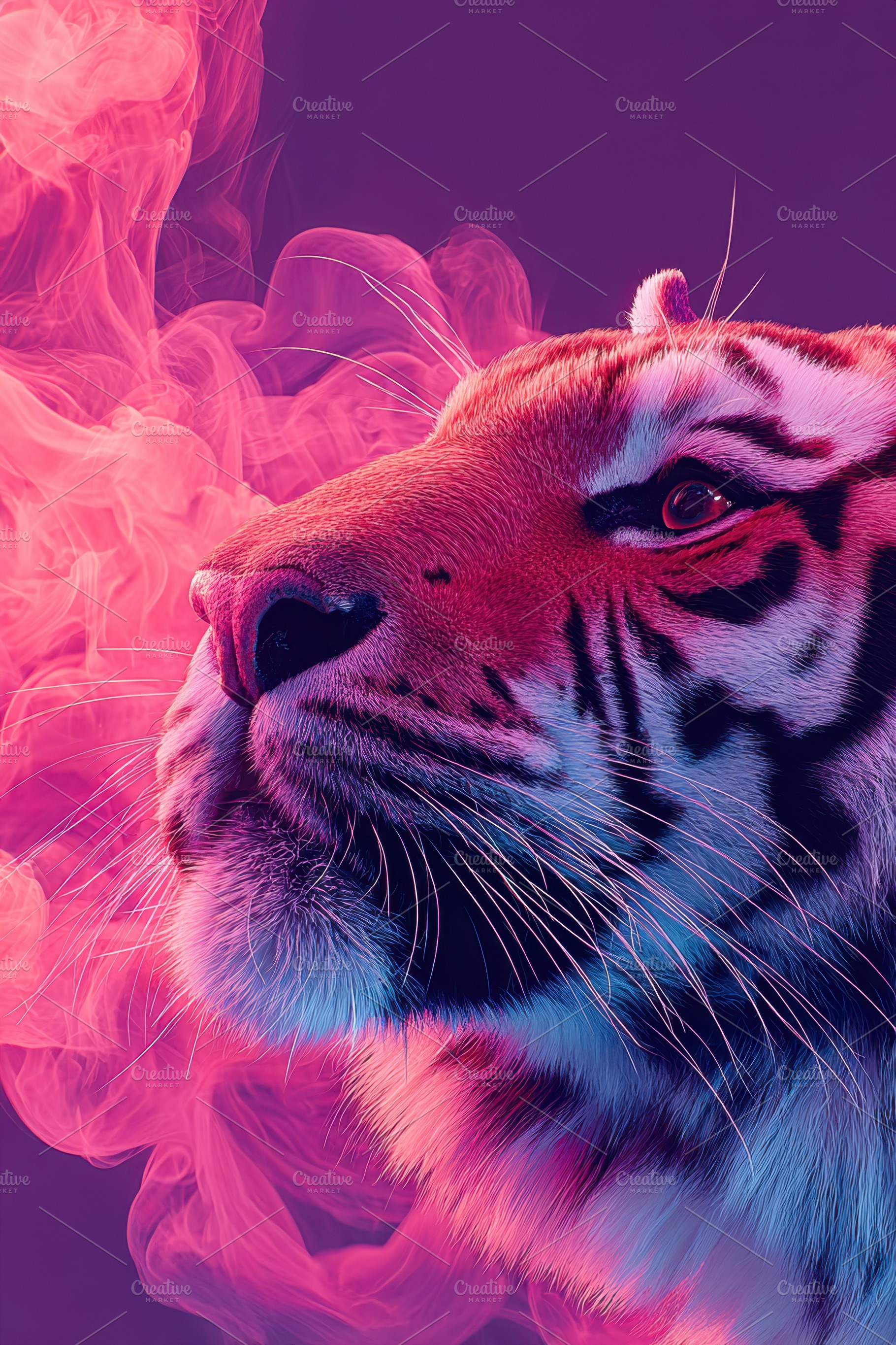 Vibrant close-up of a tiger's face with smoke effects, an Animal Photo by AlyaAnd