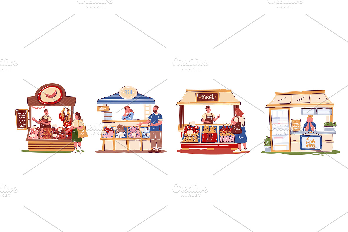 Market Stalls Meat Fish Dairy, an Object Illustration by VictoriaSergeeva