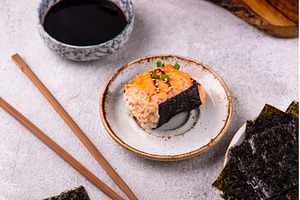 Baked sushi roll cake with crab, a Food & Drink Photo by Yulia Furman