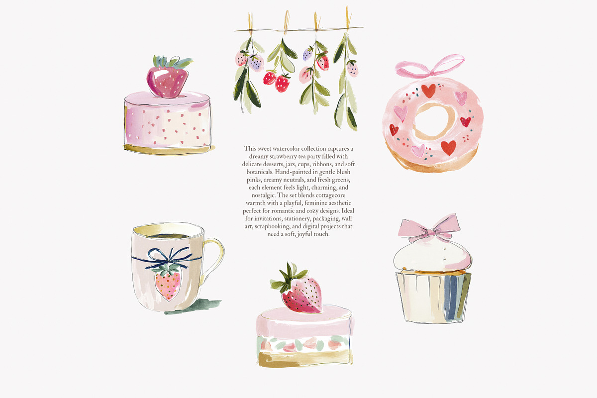 strawberry watercolor clipart set, a Decorative Illustration by Patishop Art (Photo 4 of 8)