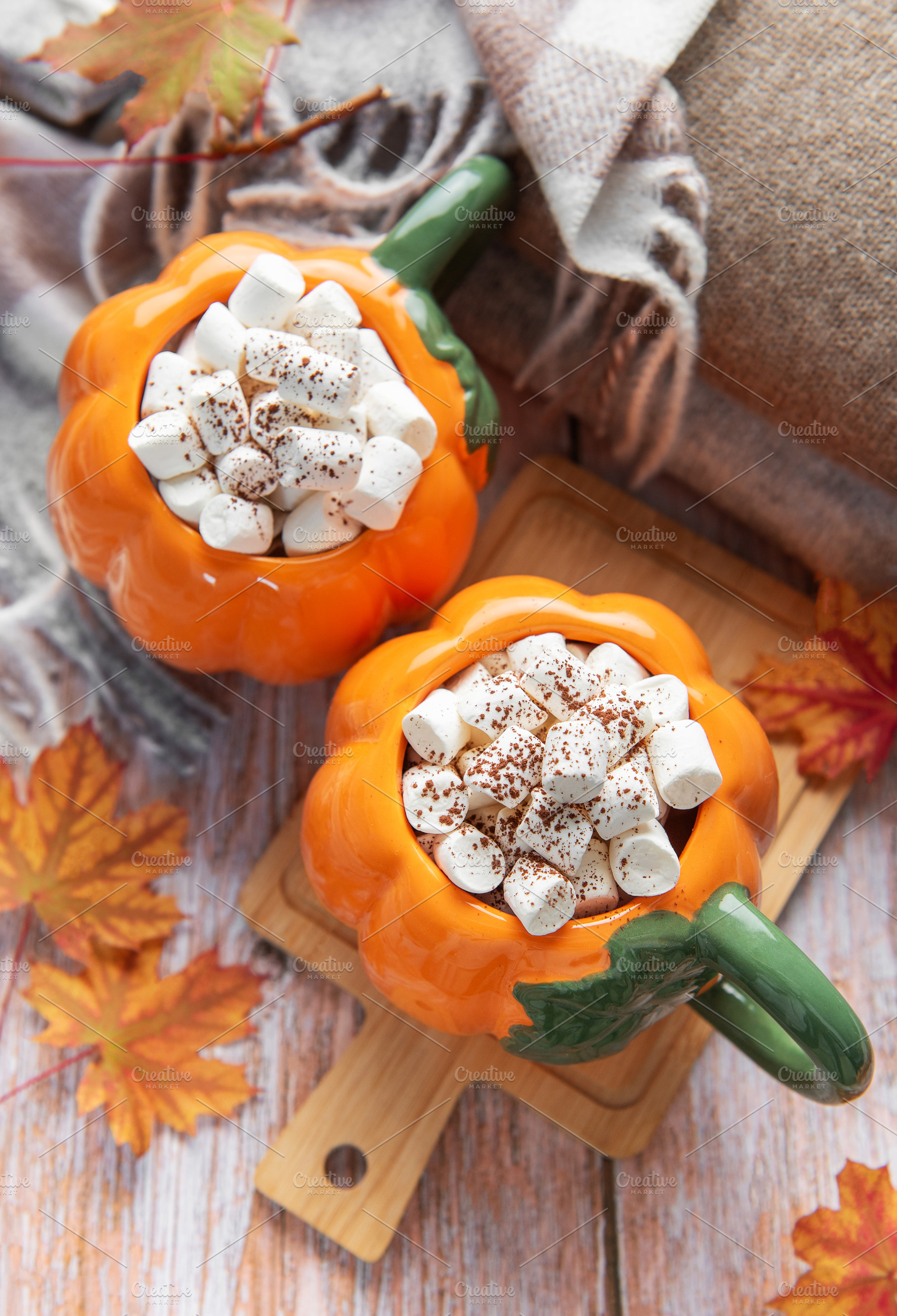 Warm autumn hot chocolate in pumpkin mugs with marshmallows, a Food & Drink Photo by Olena Rudo