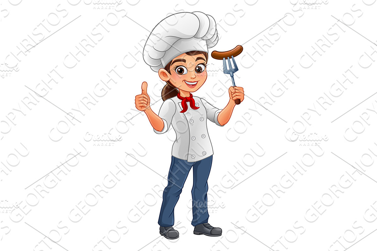 Cartoon Female Woman Chef Sausage, a Food Illustration by Christos Georghiou