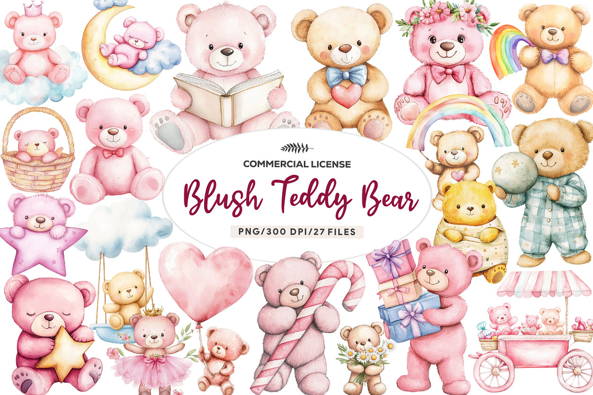 Watercolor Pink Cute Blush Teddy Bea, an Illustration by CreationArt (Photo 1 of 9)