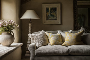 Rustic living room design with a textured sofa, yellow and beige throw pillows,, an Architecture Photo by Studio ANNA