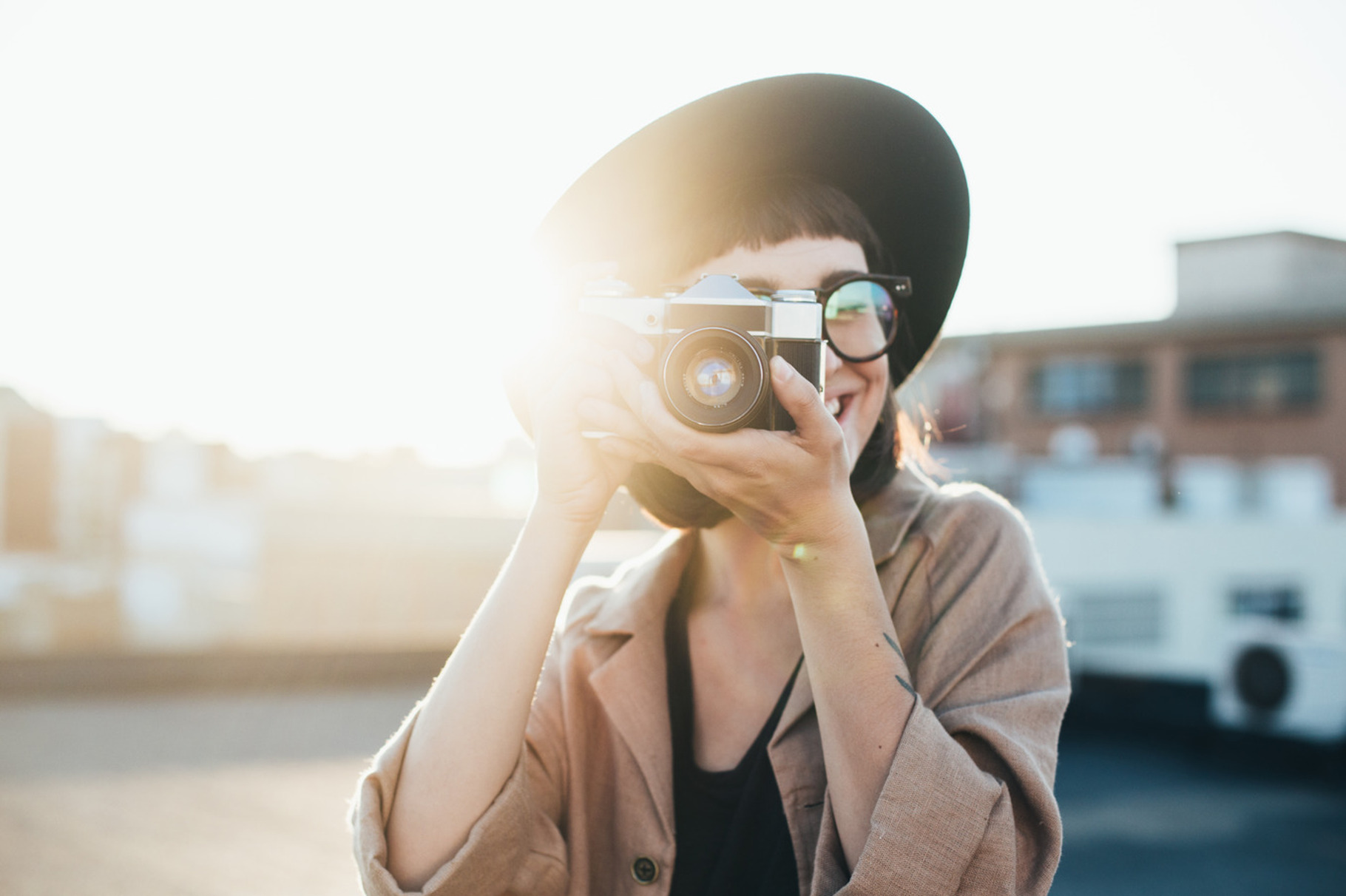 Hipster female and analog camera stock photo containing girl and vintage, a Person Photo by DeRepente