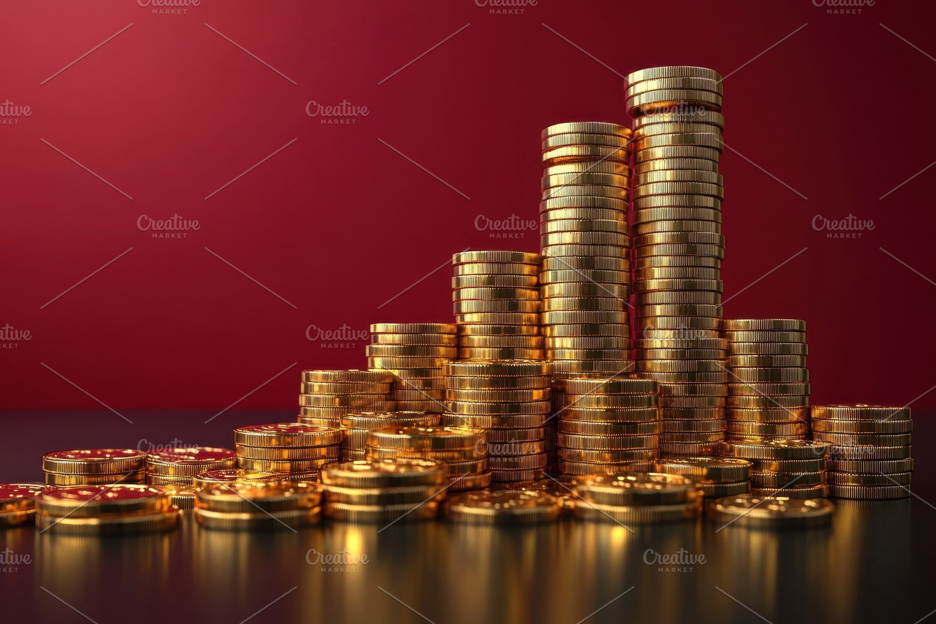Stacked golden coins shining against, a Photo by Tanuart