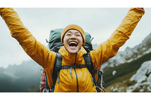 Asian female hiker in vibrant attire, a Person Photo by Sergey Kotenev