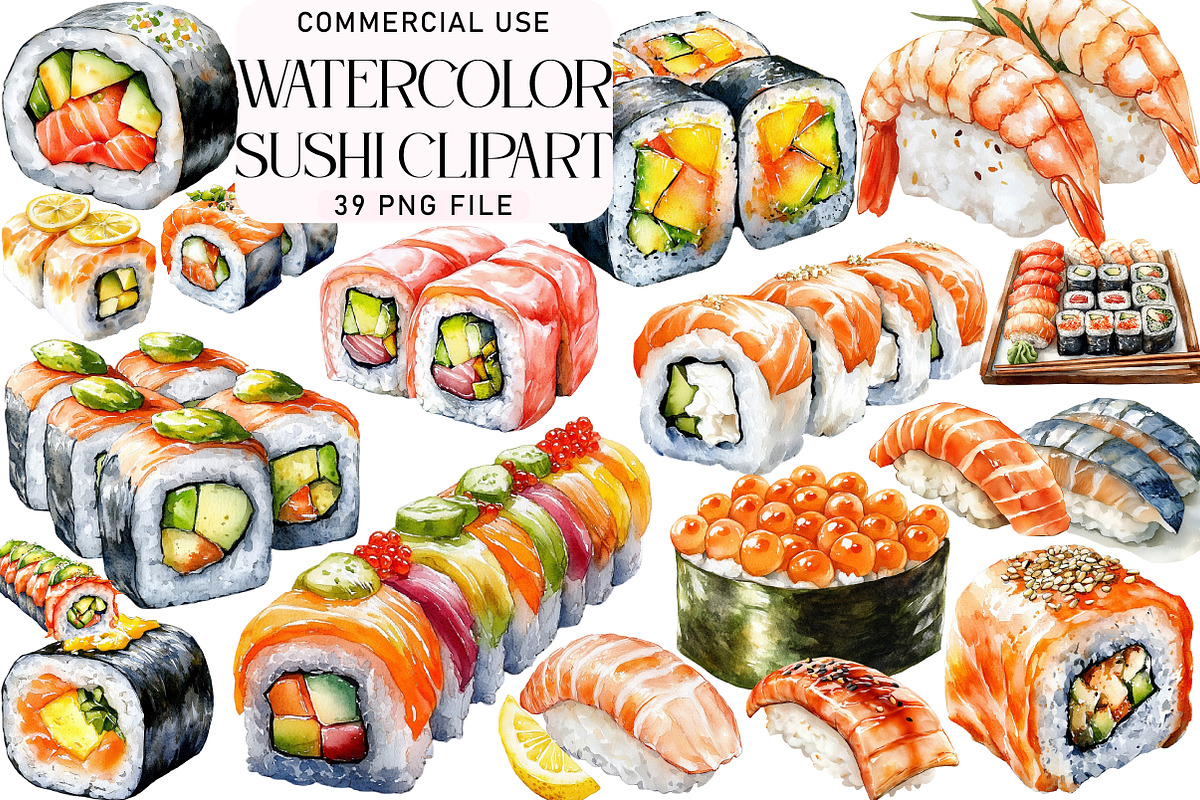 Watercolor Sushi Clipart, an Illustration by Daily.Designs (Photo 1 of 3)