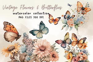 Vintage Flowers Butterfly Watercolor