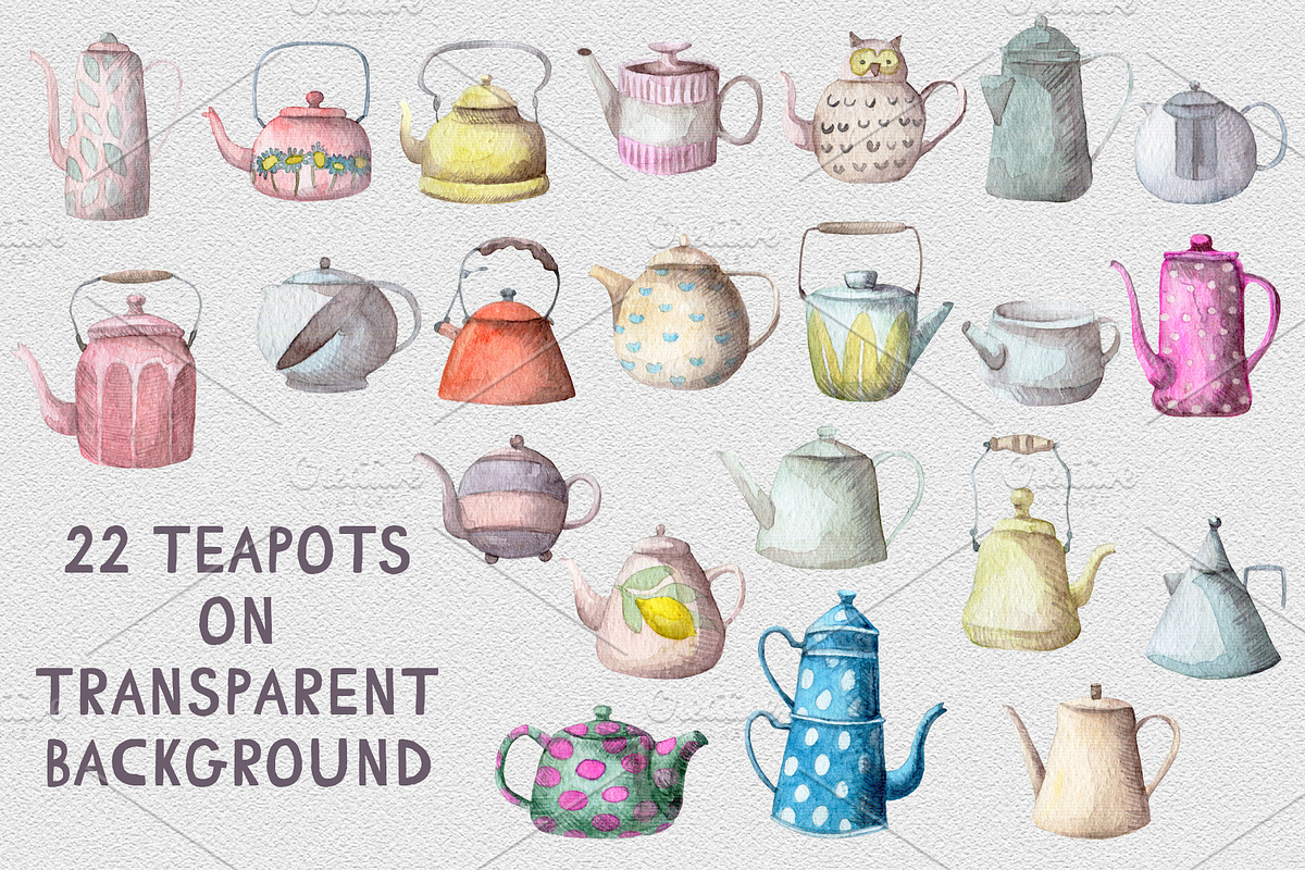 Watercolor 22 teapots set, a Food Illustration by My watercolor shop (Photo 5 of 6)