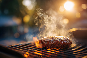 Juicy burgers grilling on a barbecue, a Food & Drink Photo by AlyaAnd