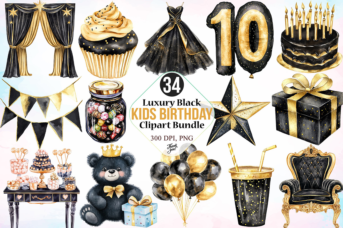 Luxury Black Kids Birthday Clipart, a Seasonal Illustration by Canvas Craft (Photo 1 of 4)