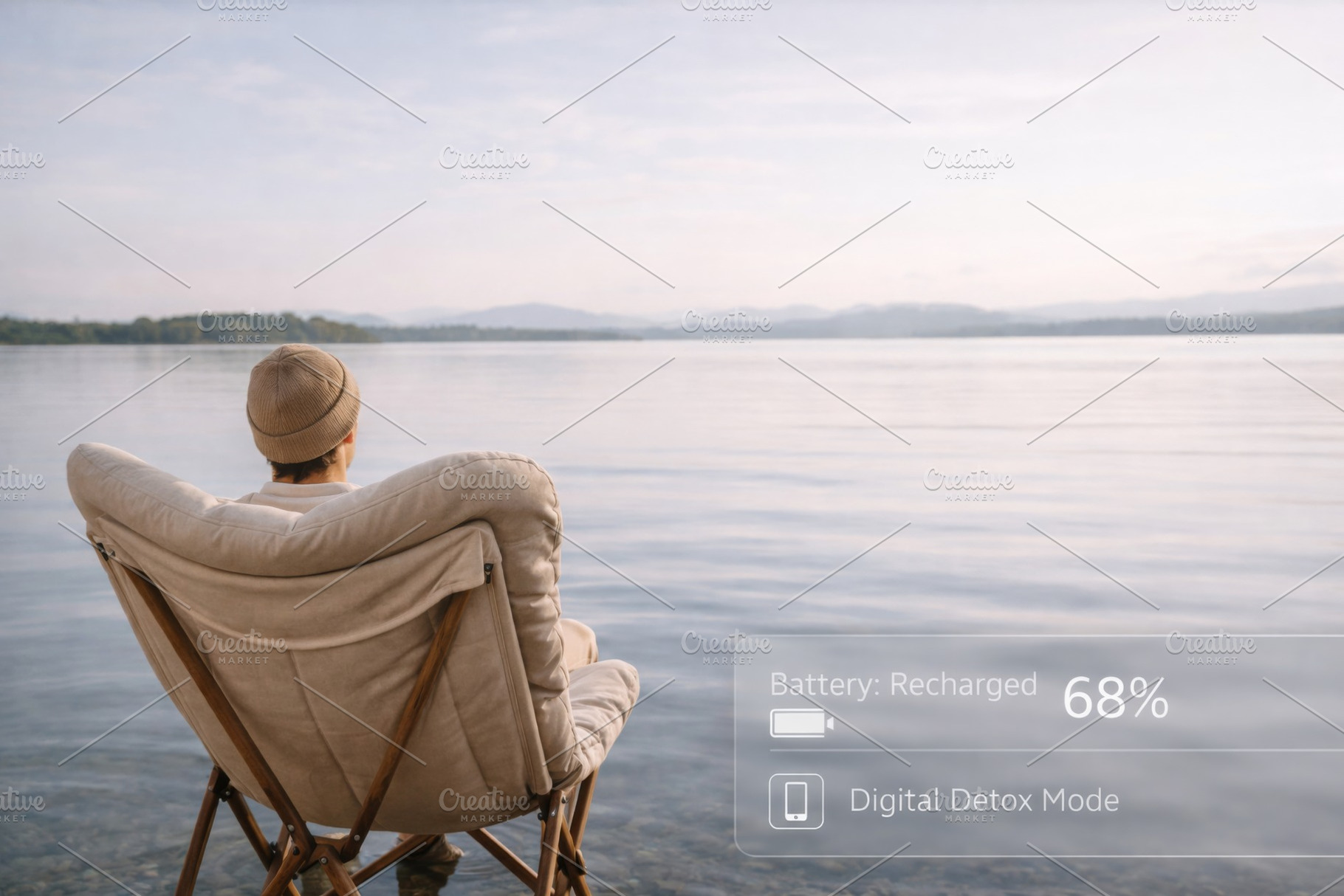 Person relaxing by calm lakeside wit, a Photo by Dvoevnore photos