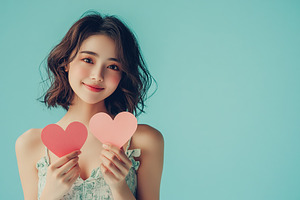 Happy young woman holds in hands paper heart, a Person Photo by AlyaAnd