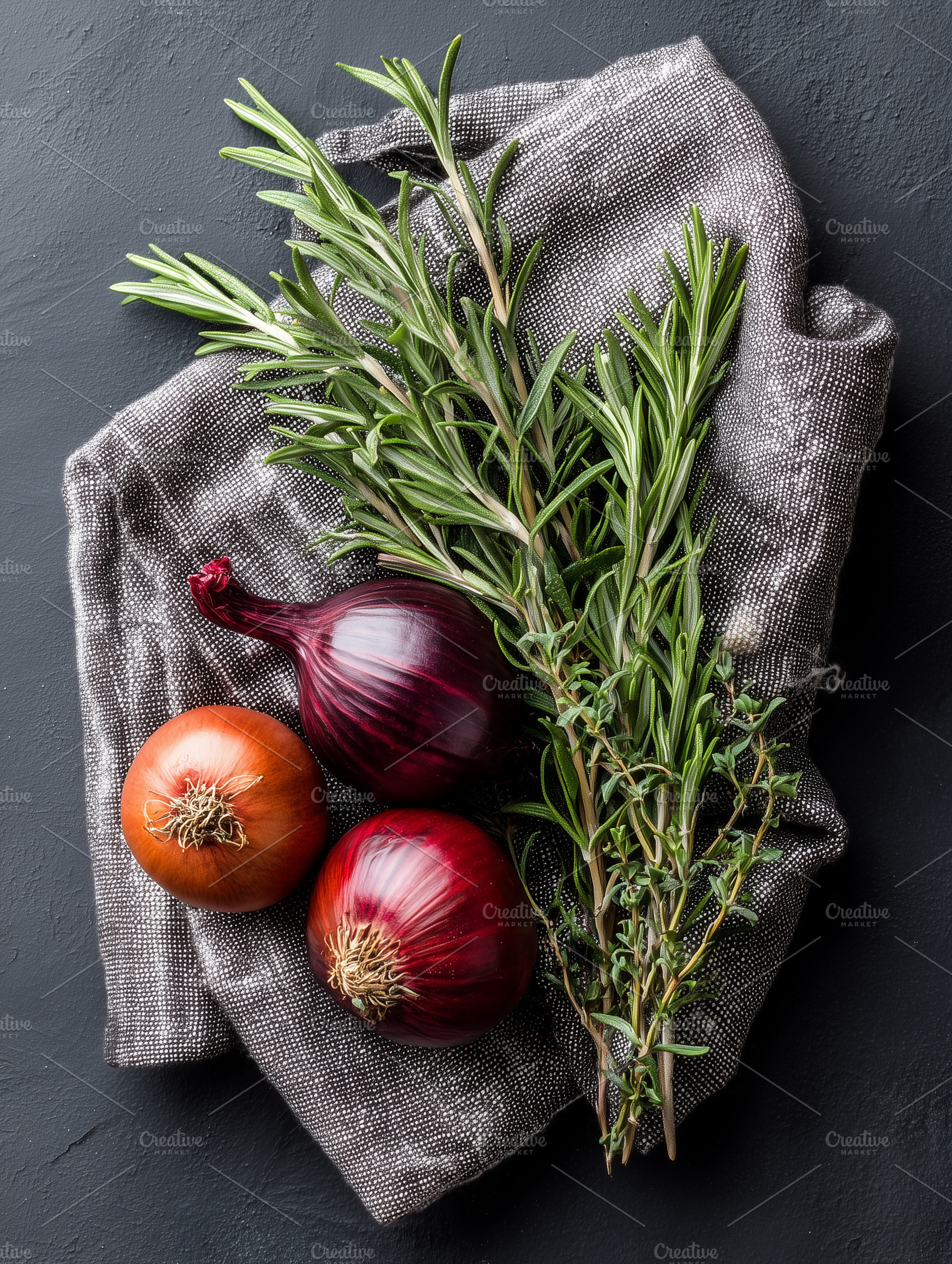 Top view of fresh onions and herbs, a Food & Drink Photo by MistyDay